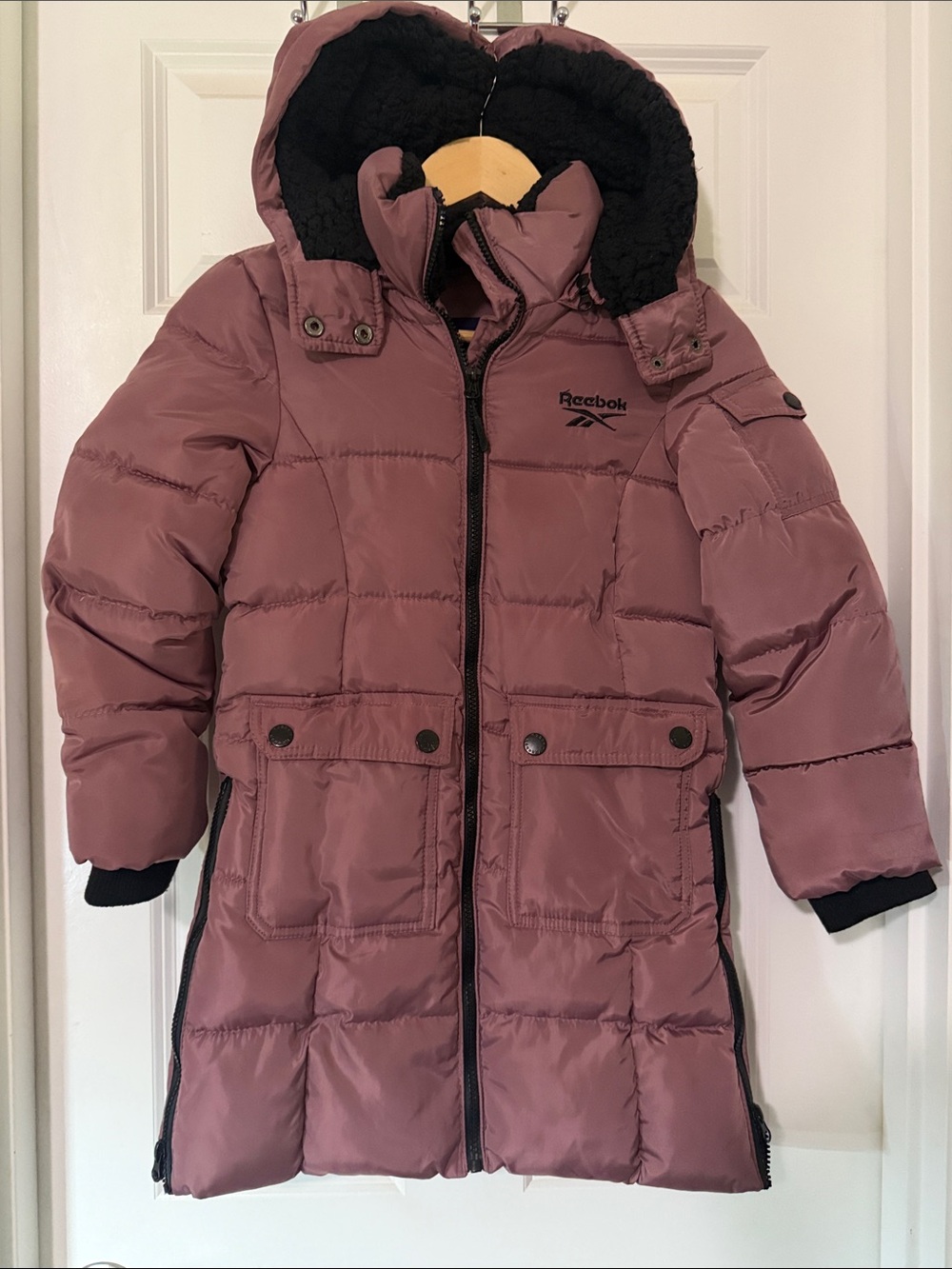 🧥 Reebok Girls' Long Hooded Puffer Coat in Dusty Mauve